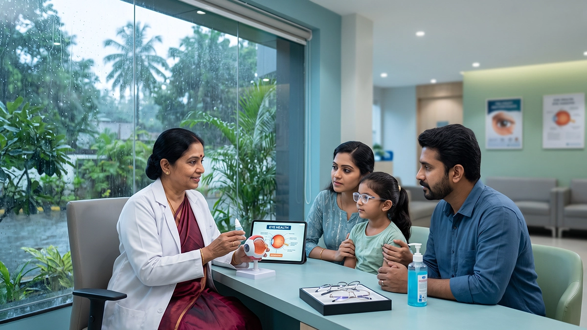 Person experiencing eye redness and irritation during monsoon while learning about infection prevention and healthy eye-care habits.