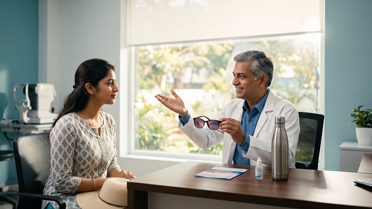 Person wearing UV-protective sunglasses outdoors while following summer eye care habits to protect vision and eye health.