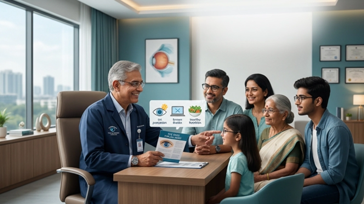 People of different ages following healthy eye care habits, including regular eye exams, healthy nutrition, UV protection, and screen breaks.