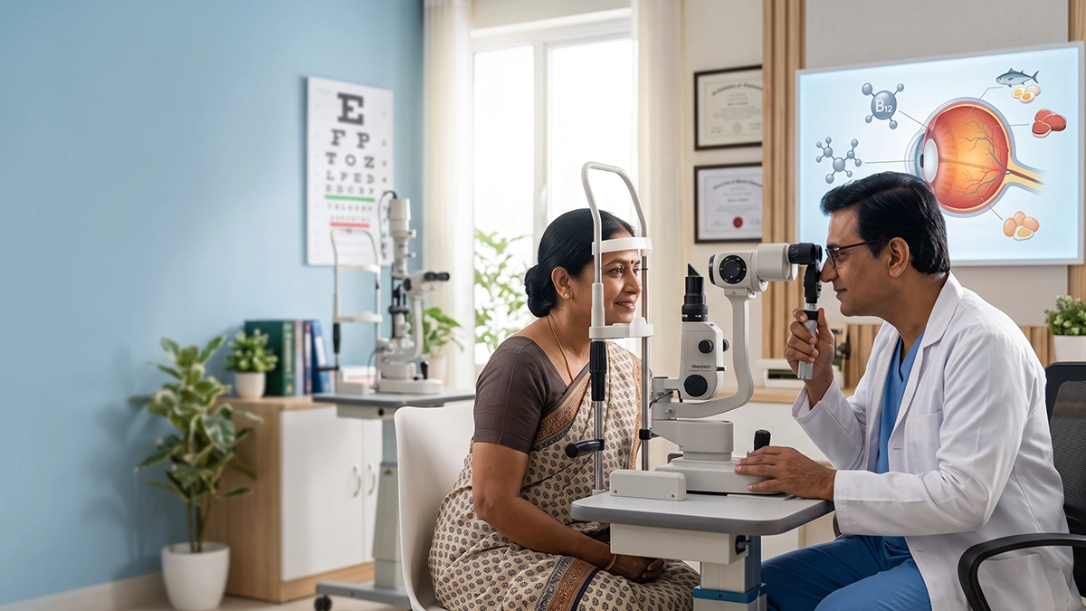 Eye specialist examining a patient with possible vision changes linked to vitamin B12 deficiency and discussing eye and nutritional health.