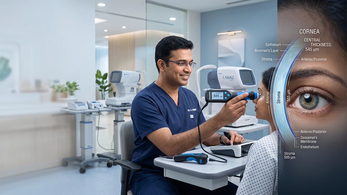 Eye specialist measuring corneal thickness with pachymetry to assess LASIK eligibility and safety before laser vision correction.