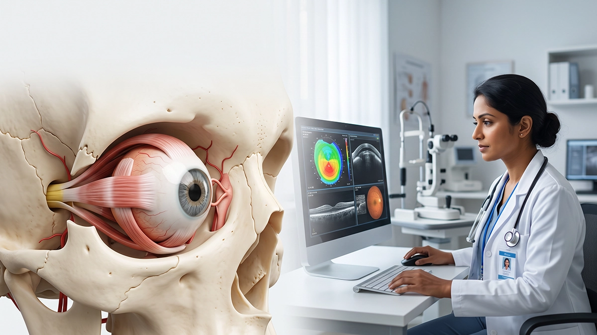 Eye anatomy illustration showing the orbit, including the bones, muscles, nerves, eye socket, and surrounding structures.