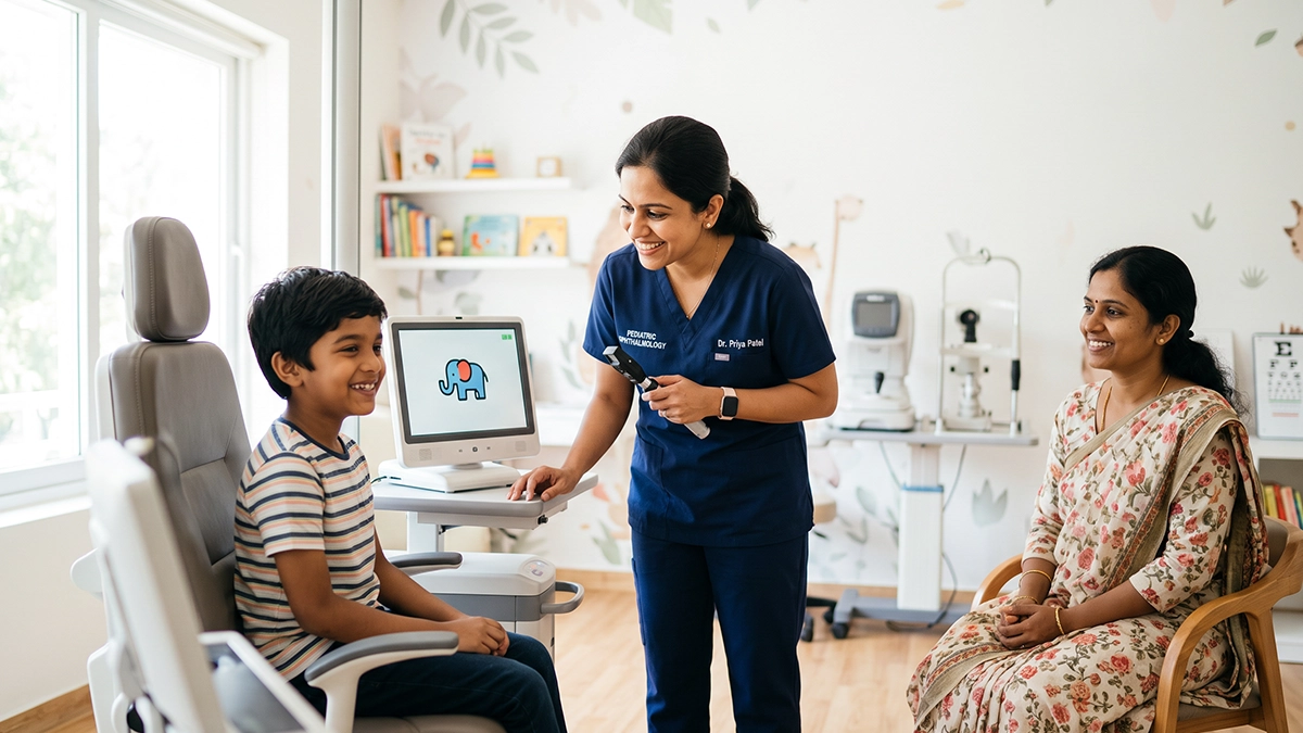 Child receiving a comprehensive eye checkup while an eye specialist explains vision screening and eye care recommendations to a parent.