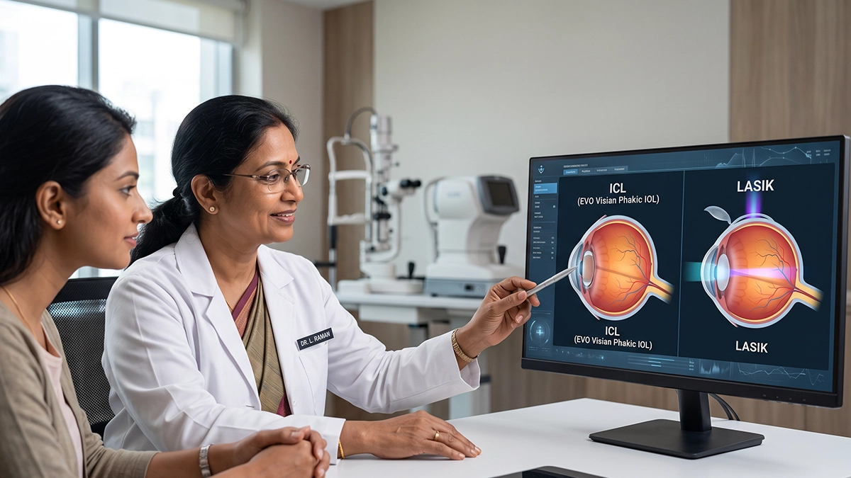 Eye specialist comparing ICL and LASIK vision correction options based on eye health, eligibility, benefits, risks, and recovery.