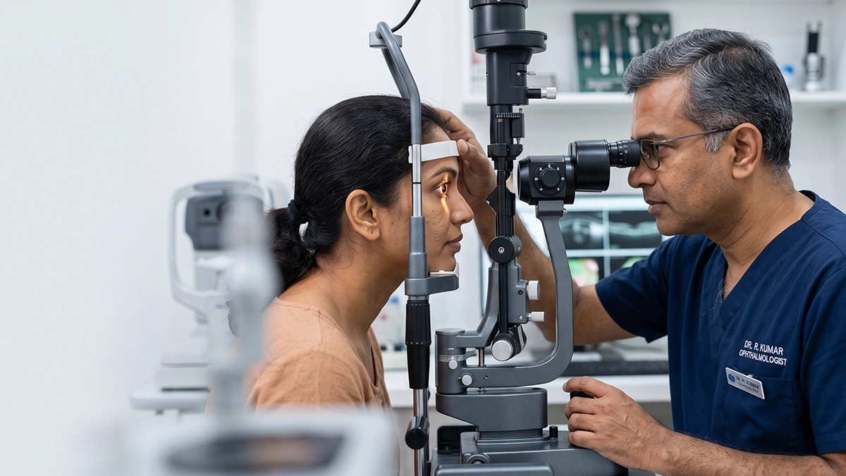 Eye specialist examining a patient with dilated pupils to identify possible causes, symptoms, and warning signs of mydriasis.