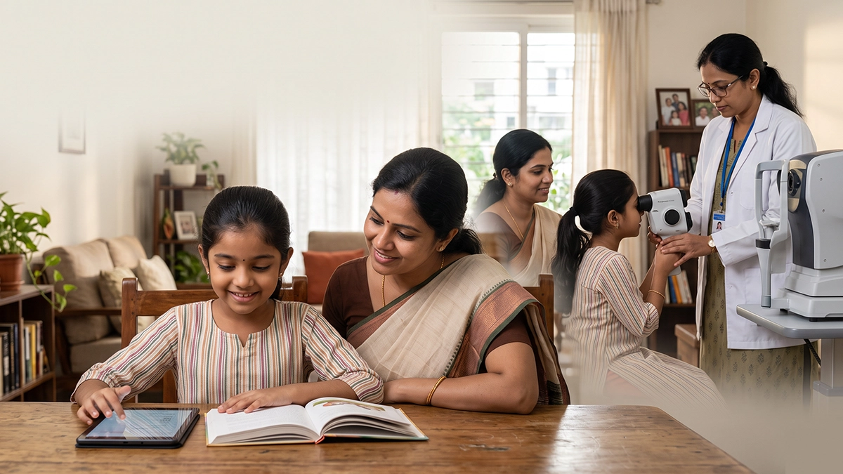 Child undergoing an eye examination for myopia while a parent learns about screen habits, outdoor time, and healthy vision practices.