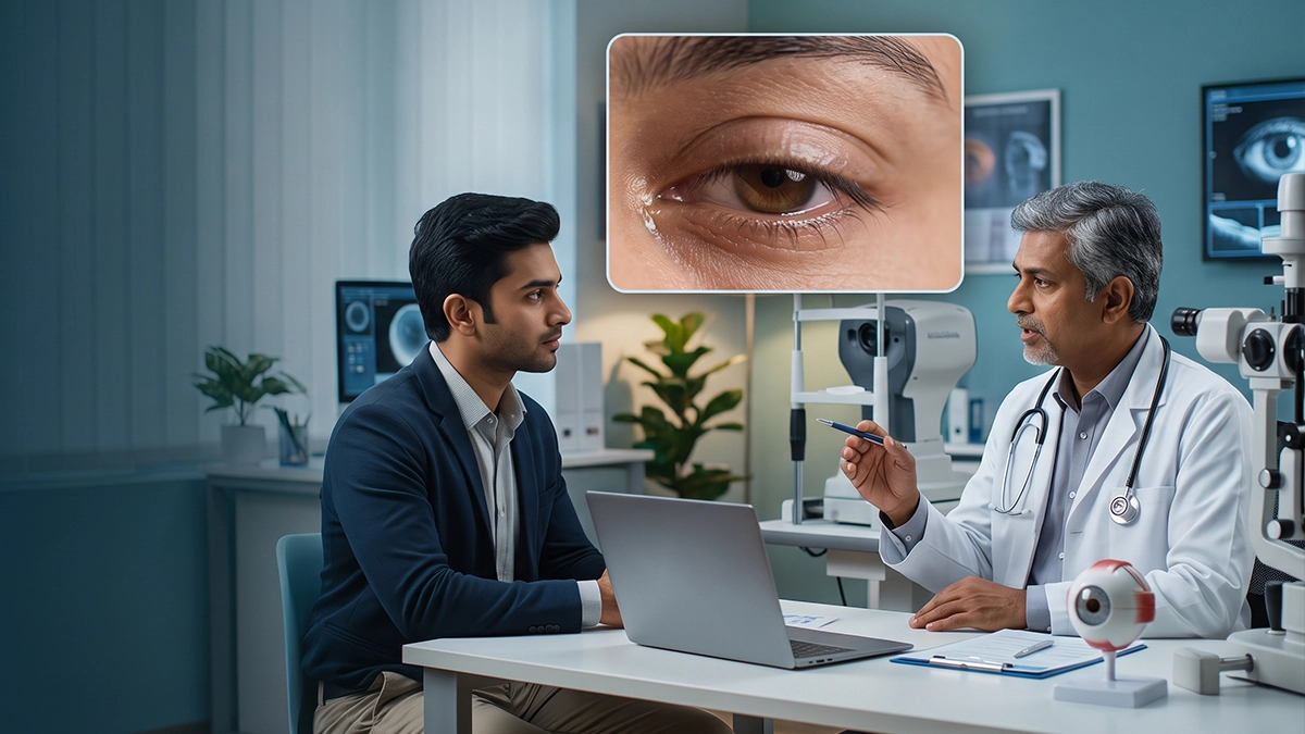 Patient caught mid blink during a slit lamp examination with an eye model on the desk
