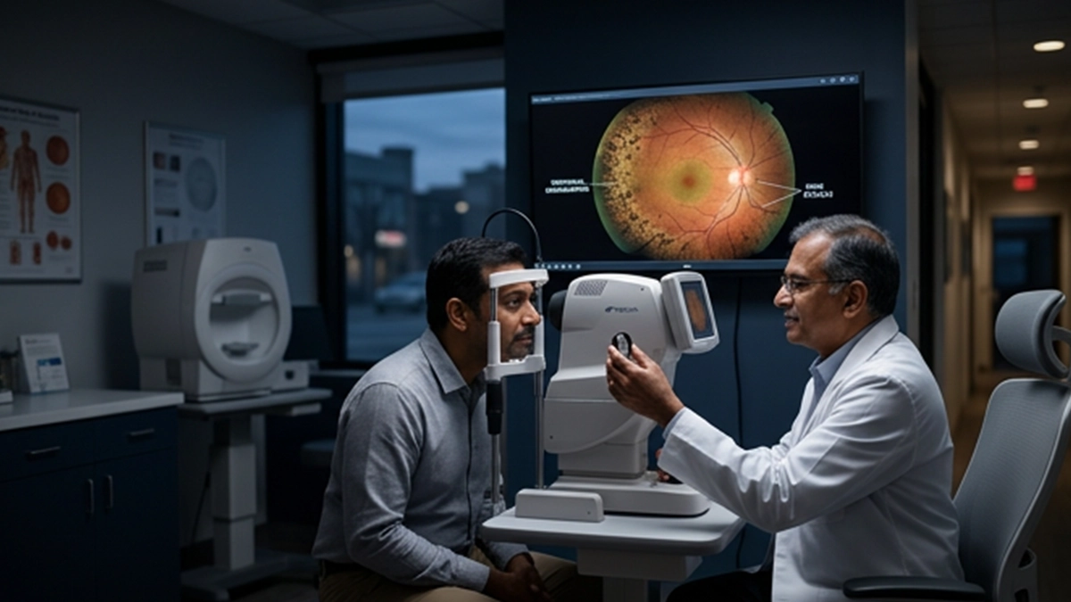Doctor guiding a patient at an eye testing device with a retinal scan on the screen