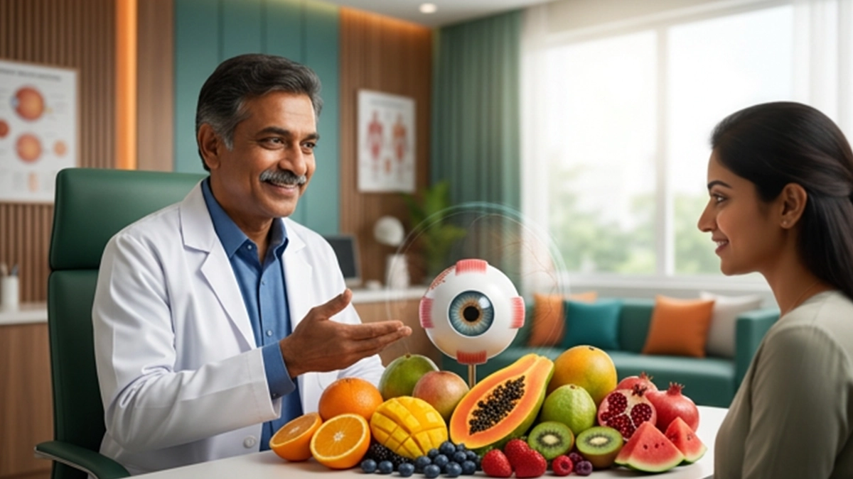 Colourful selection of eye-healthy fruits, including oranges, papaya, mangoes, berries, kiwi, grapes, and watermelon.