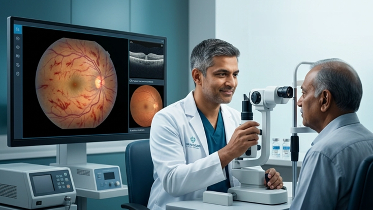 Medical illustration of central retinal vein occlusion showing a blocked retinal vein and its potential effect on vision.