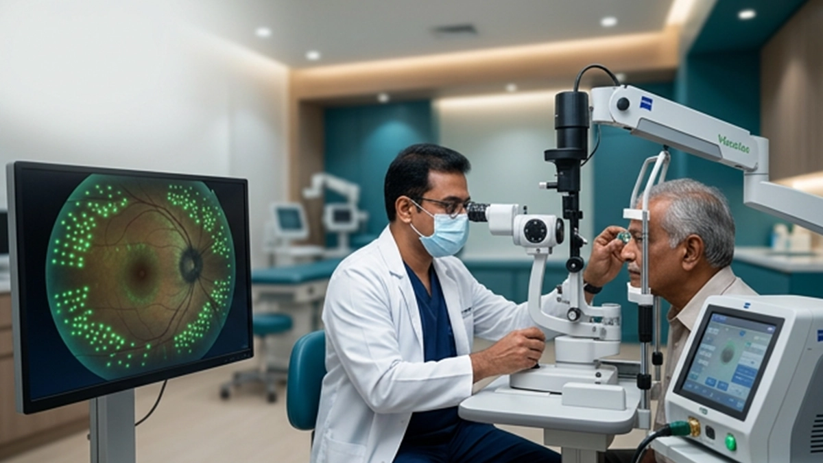 Doctor at a slit lamp examining a patient, with a fundus image showing scatter laser marks on screen