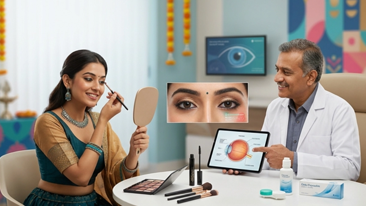 Woman wearing festive Navratri eye makeup, highlighting the importance of eye makeup hygiene and irritation prevention.