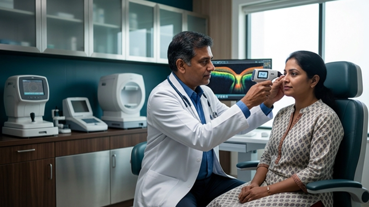 Doctor checking a woman eye pressure with a handheld device in a clinic