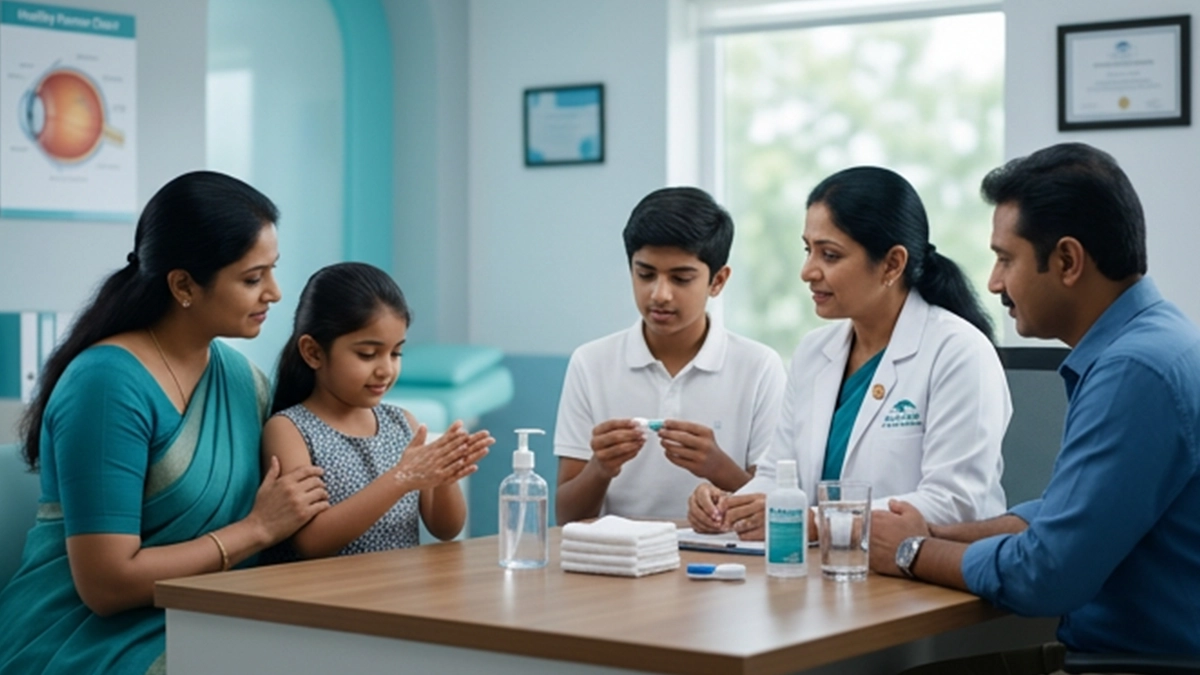Family with two children speaking to a doctor about eye infection prevention