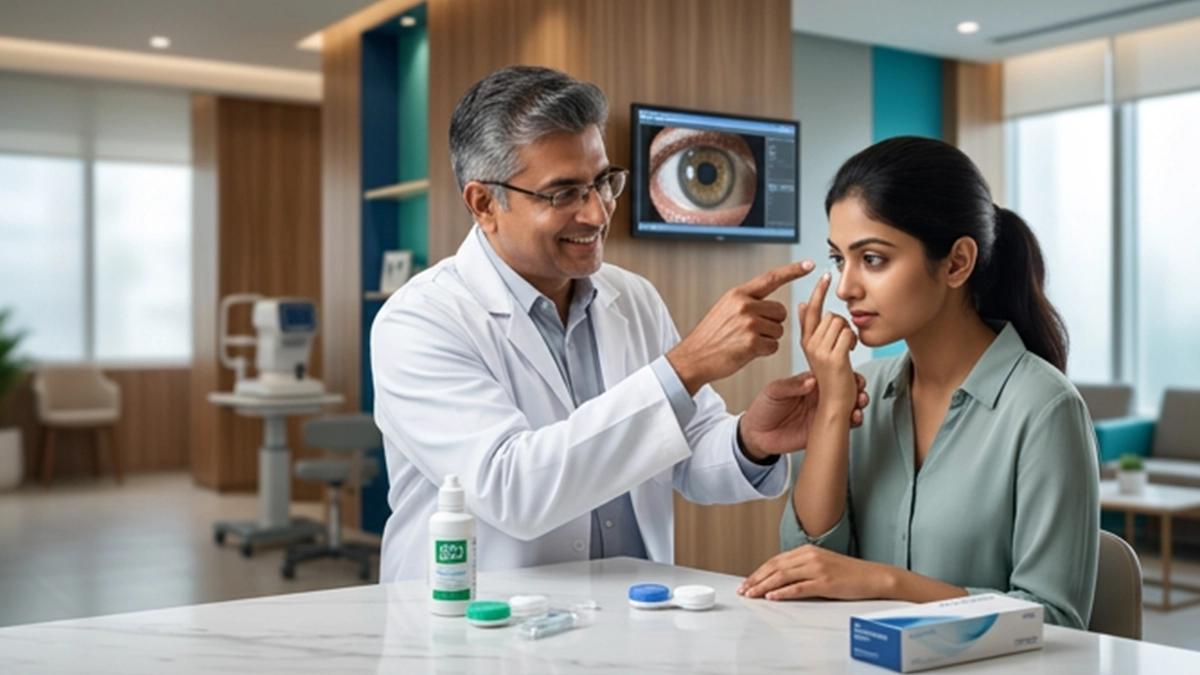Person handling contact lenses with clean hands while following safe lens hygiene practices to help protect eye health.
