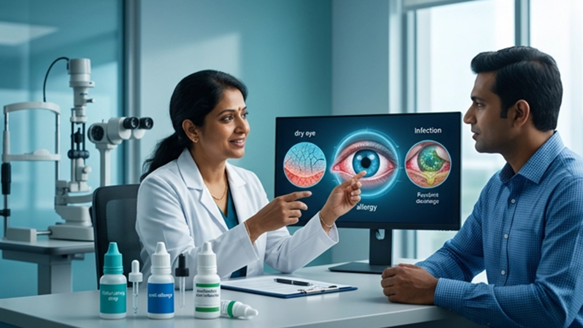 Different types of eye drops shown for dry eyes, allergies and infections, with an eye specialist explaining their uses and safe application.
