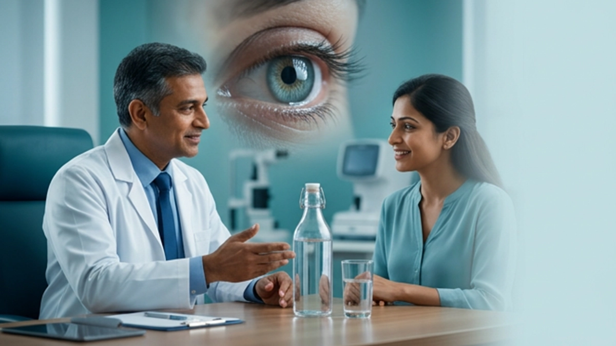 Person drinking water while learning how proper hydration may support eye comfort, tear production, and healthy vision.