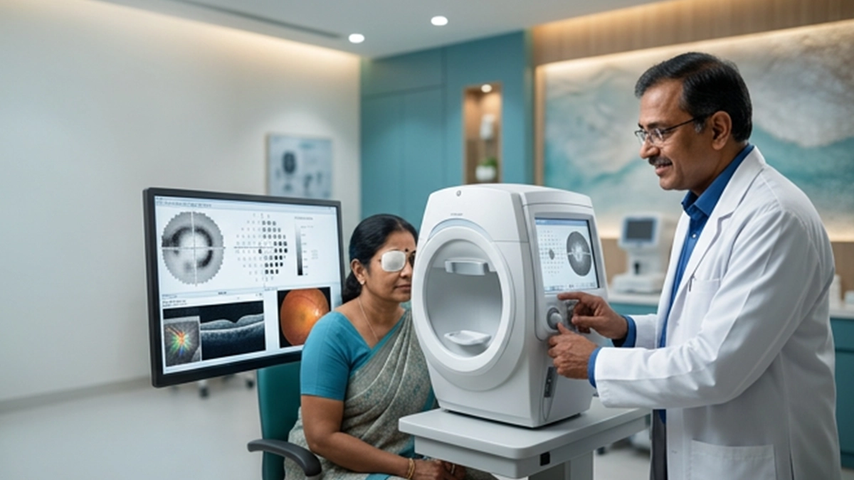 Patient taking a visual field test on an automated perimeter to check for areas of vision loss associated with glaucoma.