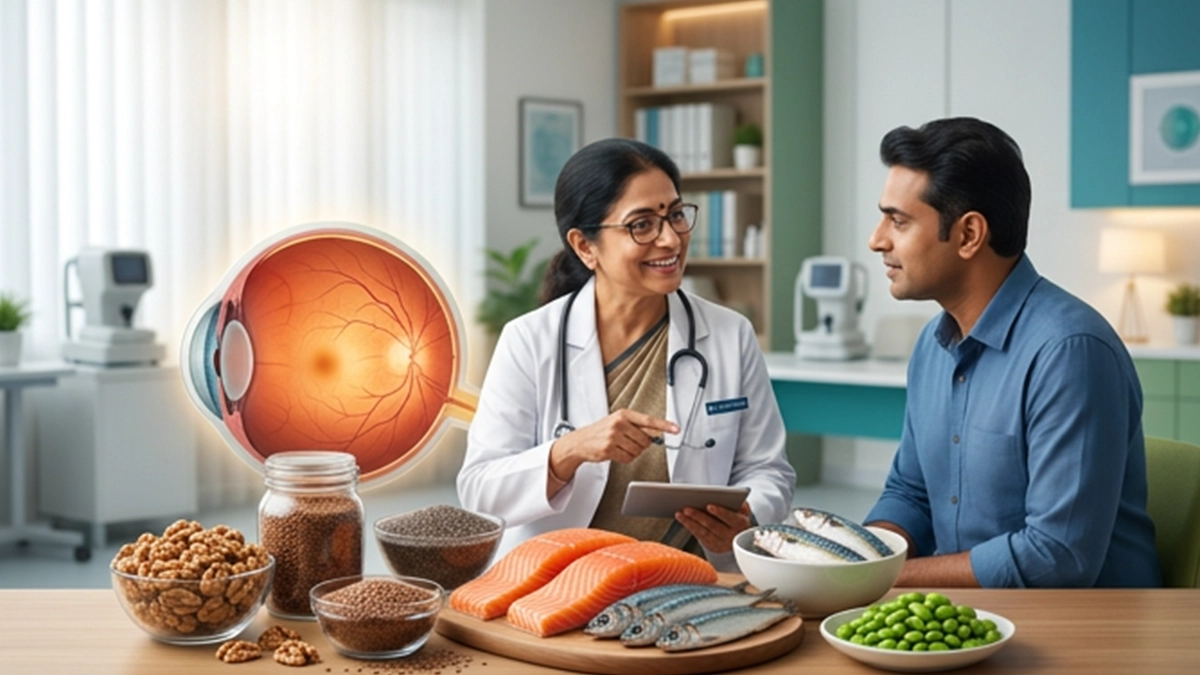 Omega-3-rich foods, including fatty fish, walnuts, chia seeds, and flaxseeds, arranged to highlight nutrition for eye health.