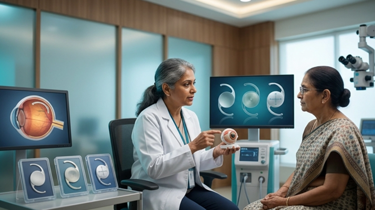 Eye specialist discussing monofocal, multifocal, and toric IOL options with a patient after cataract surgery.