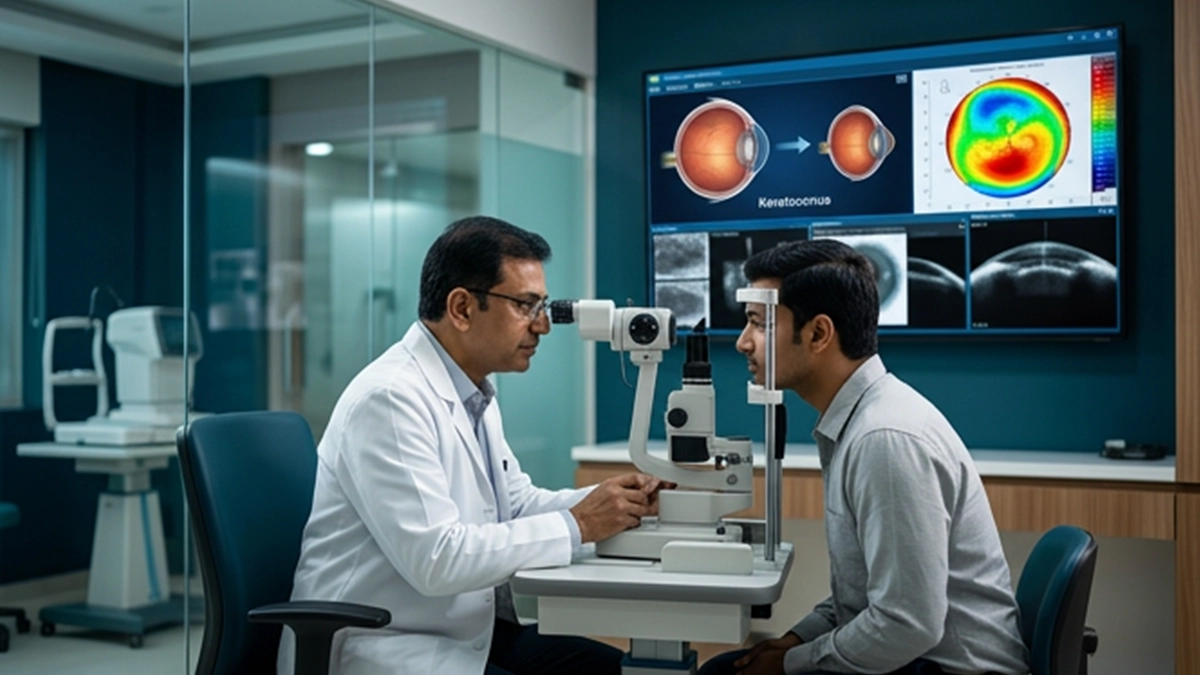 Eye specialist examining a patient with keratoconus and assessing the cone-shaped cornea, vision changes, symptoms, and treatment options.