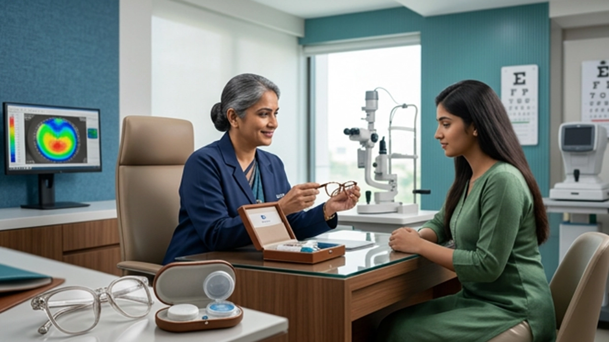 Eye specialist comparing glasses and contact lenses with a patient, discussing comfort, benefits, risks, eye health, and vision correction.