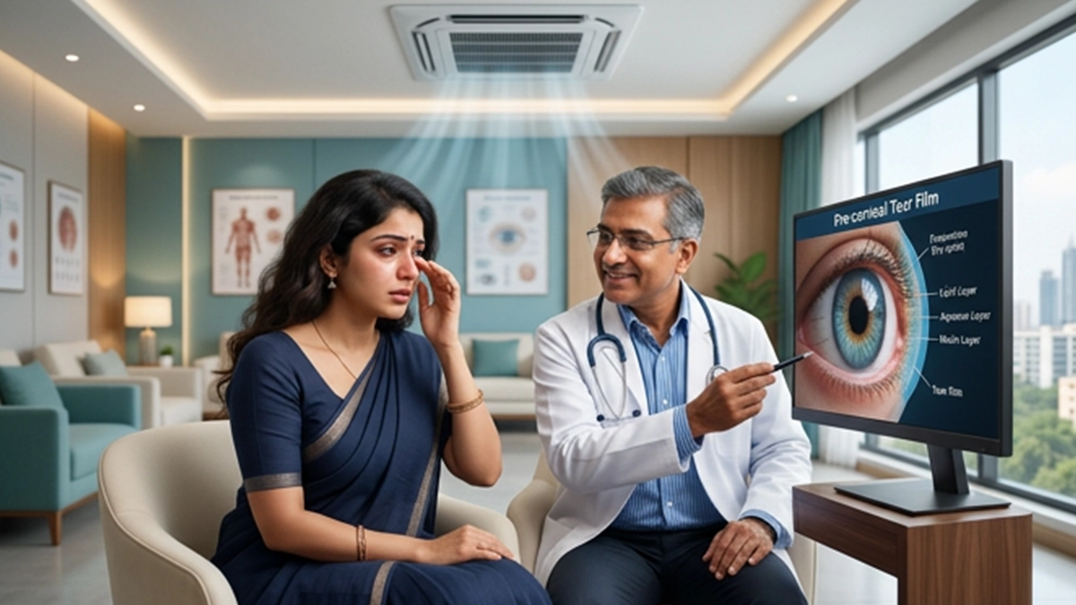Person experiencing dry, irritated eyes while working in an air-conditioned office, illustrating possible effects of dry indoor air.