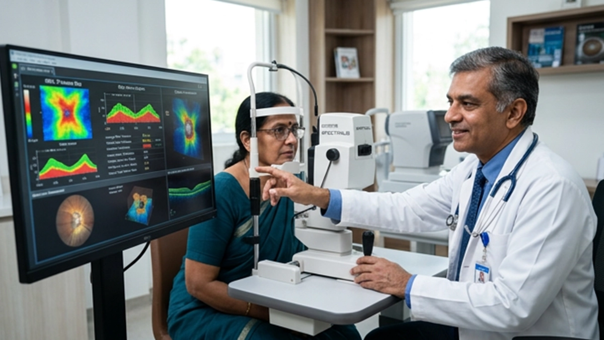 Optical coherence tomography scan showing retinal nerve fibre layer thickness and optic nerve measurements used in glaucoma assessment.