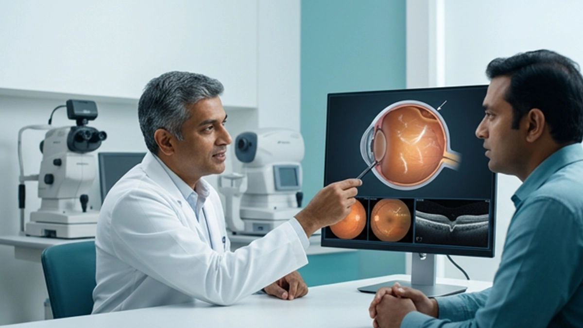Doctor and patient reviewing a retinal scan on a monitor during an eye consultation
