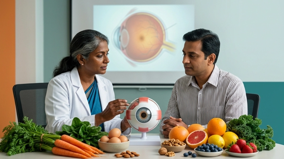 A selection of vitamin-rich foods, including leafy greens, carrots, citrus fruits, eggs and nuts, that provide nutrients for eye health.