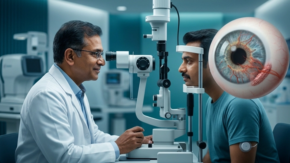 Doctor examining a man at a slit lamp with an eye illustration showing new blood vessels