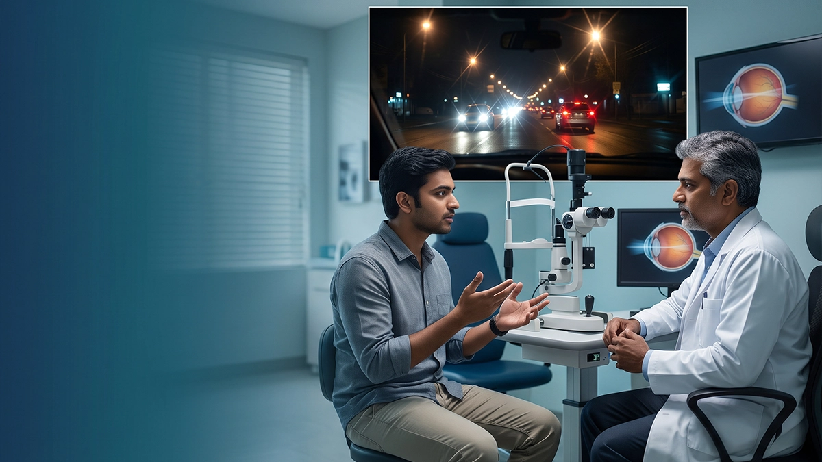Patient looking out at oncoming headlights at night while a doctor explains glare