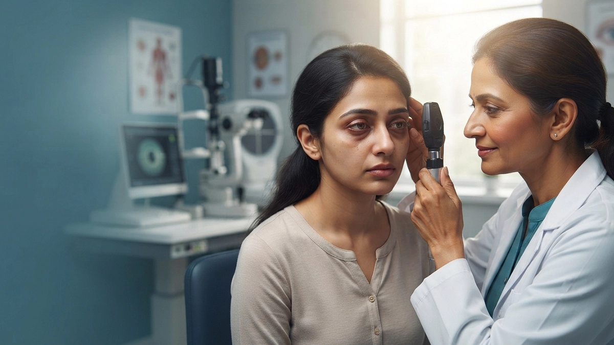 Person rubbing tired eyes after waking up, illustrating possible causes of heavy eyes in the morning.