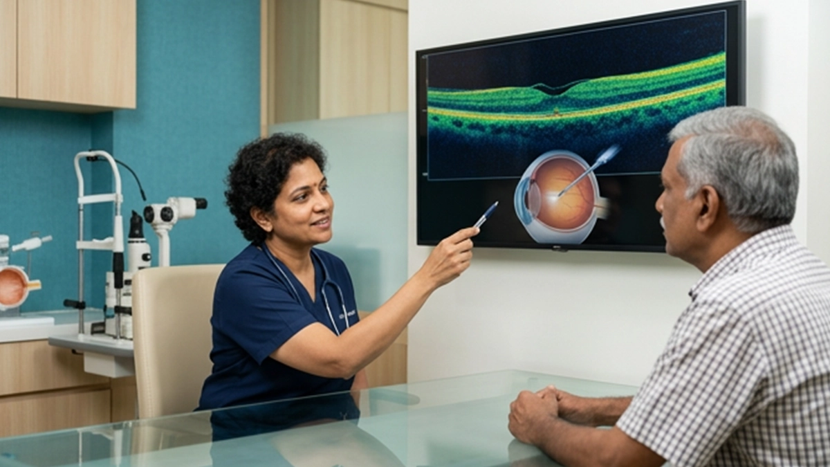 Doctor pointing to an OCT scan of the retina on a monitor while a patient watches