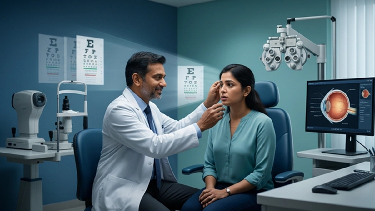 Doctor examining a woman eye in a clinic during a double vision assessment