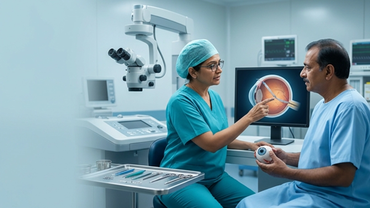 Eye surgeon reviewing a scan before glaucoma drainage implant surgery