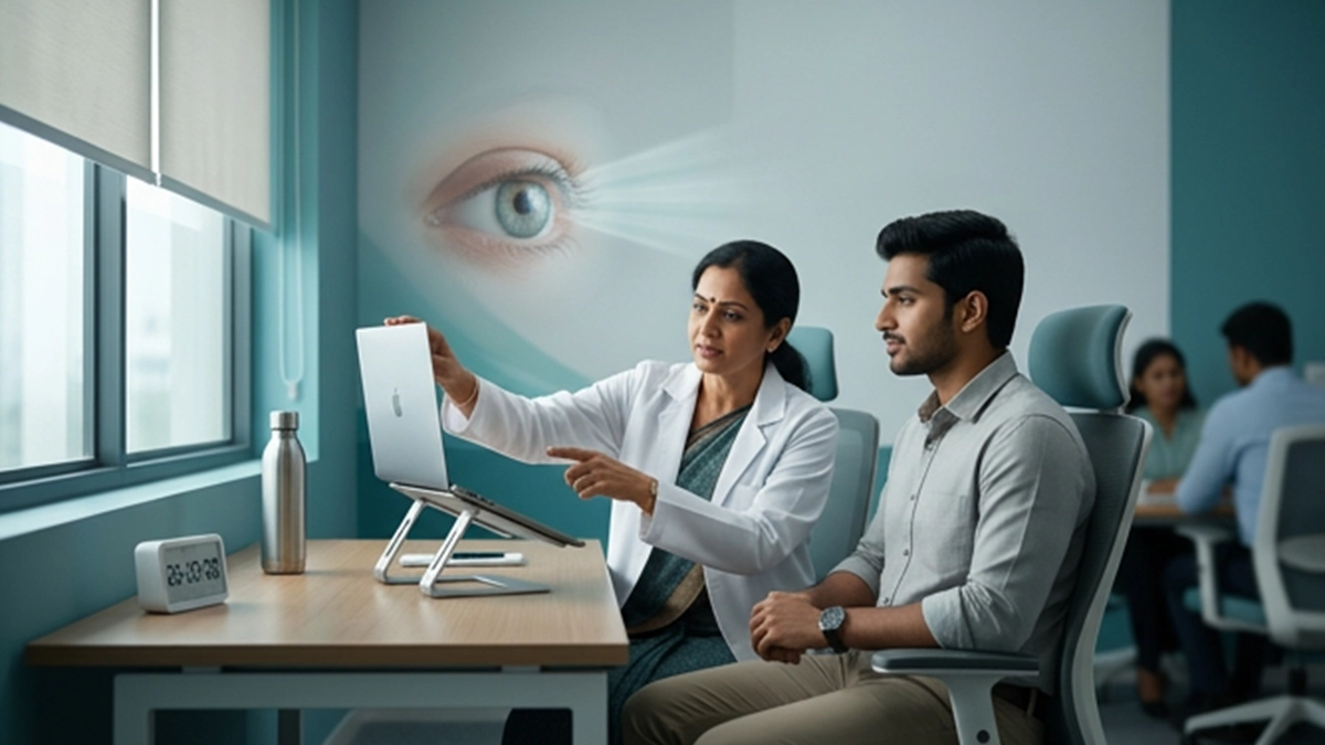 Person working on a laptop with an ergonomic screen position, comfortable lighting, and proper viewing distance.