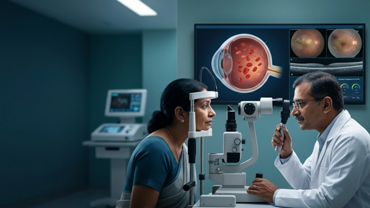 Medical illustration showing bleeding into the vitreous gel inside the eye, which can cause floaters and blurred vision.