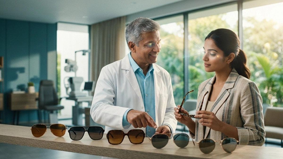 Doctor helping a patient choose sunglasses with UV protection