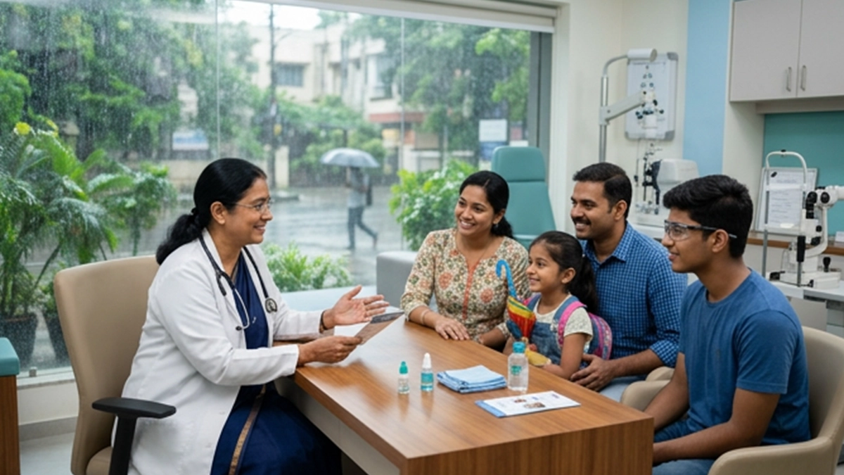 Doctor advising a family about monsoon eye infections in a clinic with rain outside