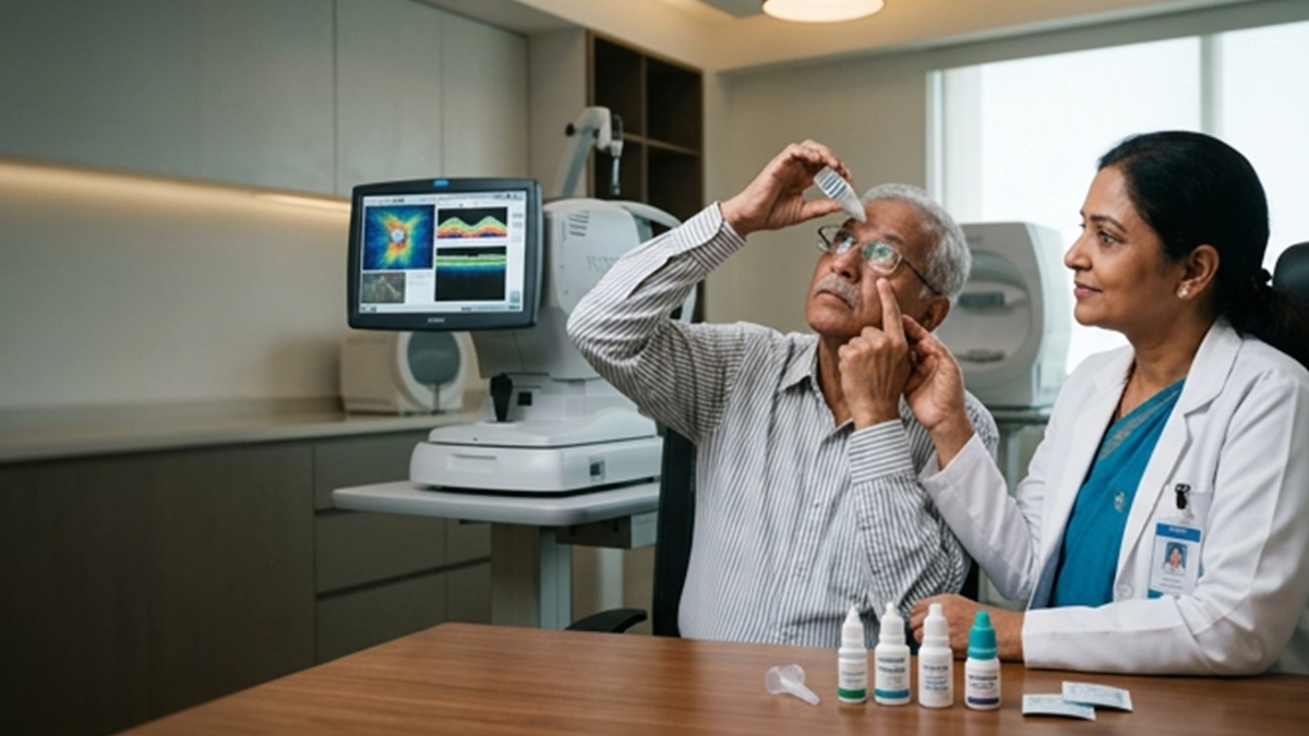 Older patient using prescription glaucoma eye drops with his doctor nearby