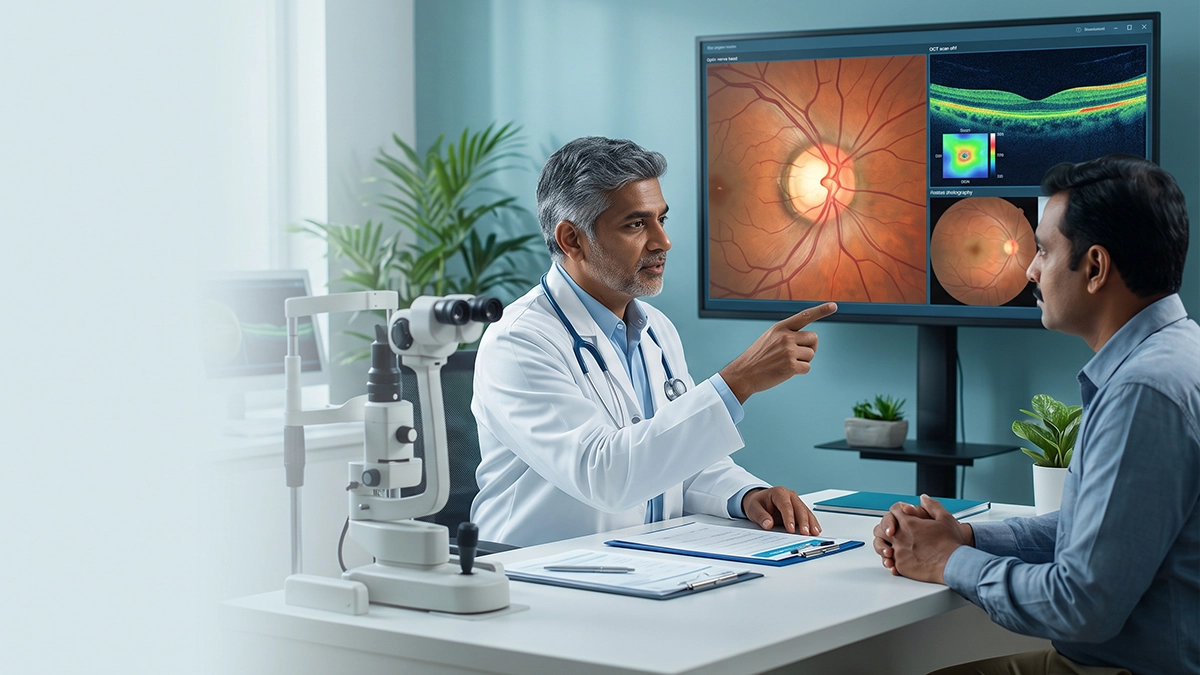 Doctor pointing at a magnified optic nerve scan on a monitor while the patient watches
