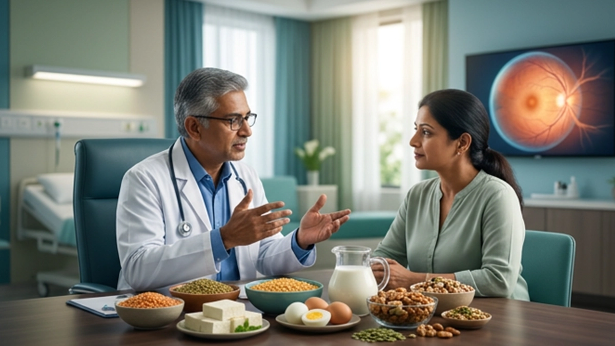 Doctor explaining protein rich foods to a woman with paneer, eggs and milk on the table