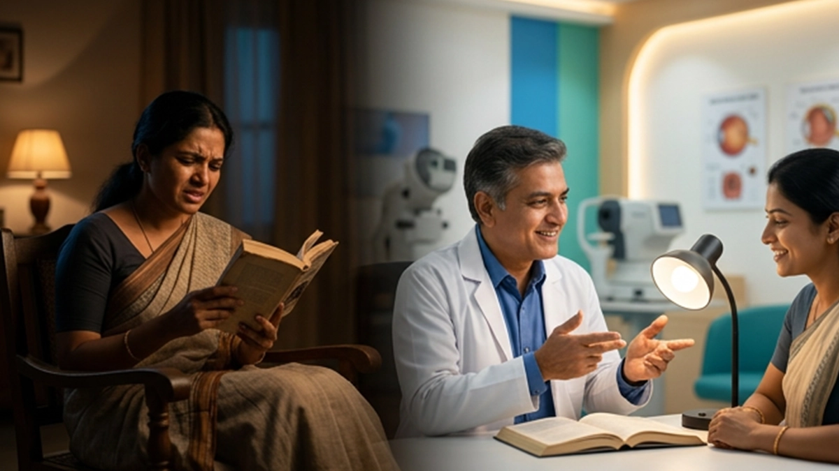 Person reading a book under a warm lamp while a doctor and patient talk in the background