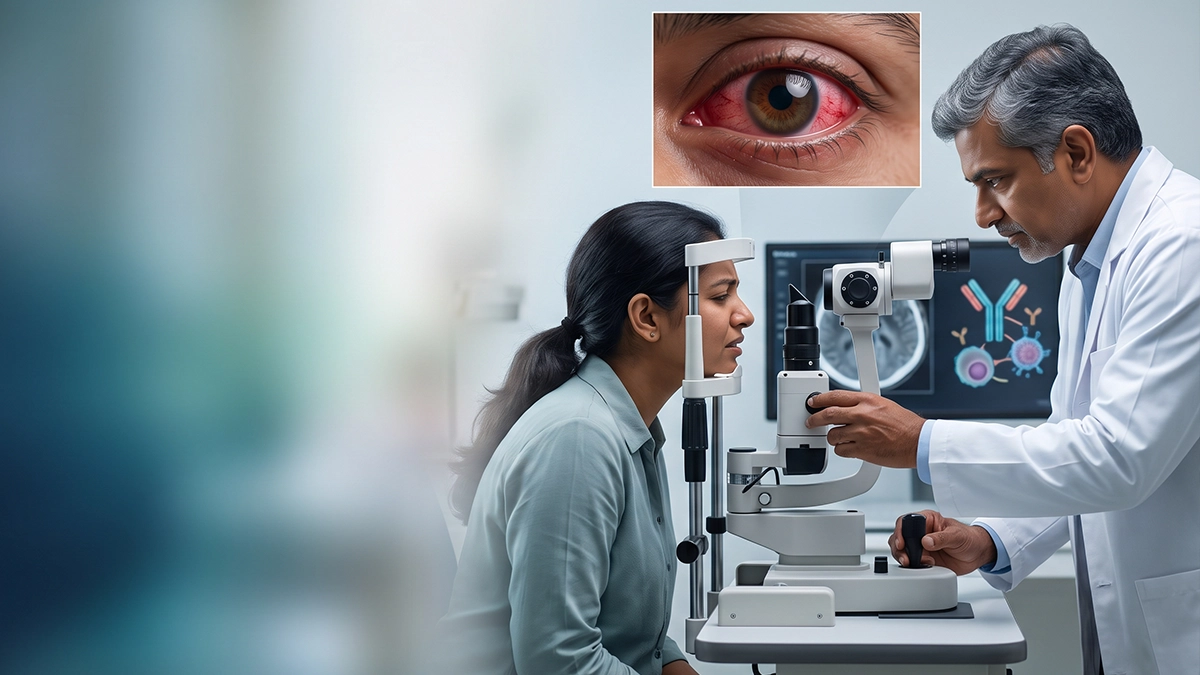 Doctor examining a patient with a severely red and painful eye at a slit lamp