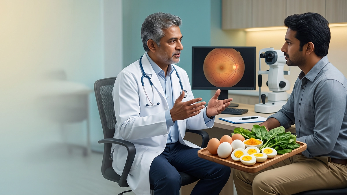 Doctor explaining eggs, paneer and leafy greens to a patient at a consultation table