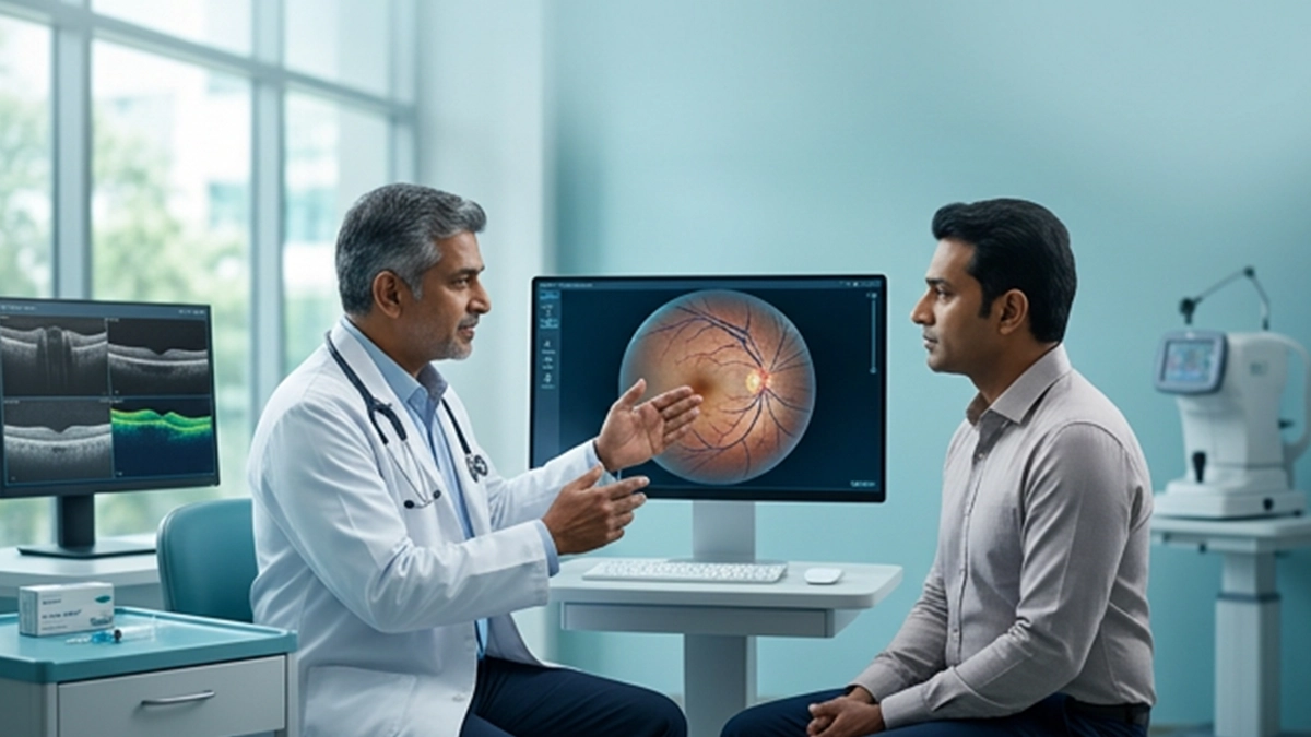 Eye specialist explaining retinal vein occlusion treatment, including CRVO, BRVO, eye injections, laser therapy, and vision recovery.