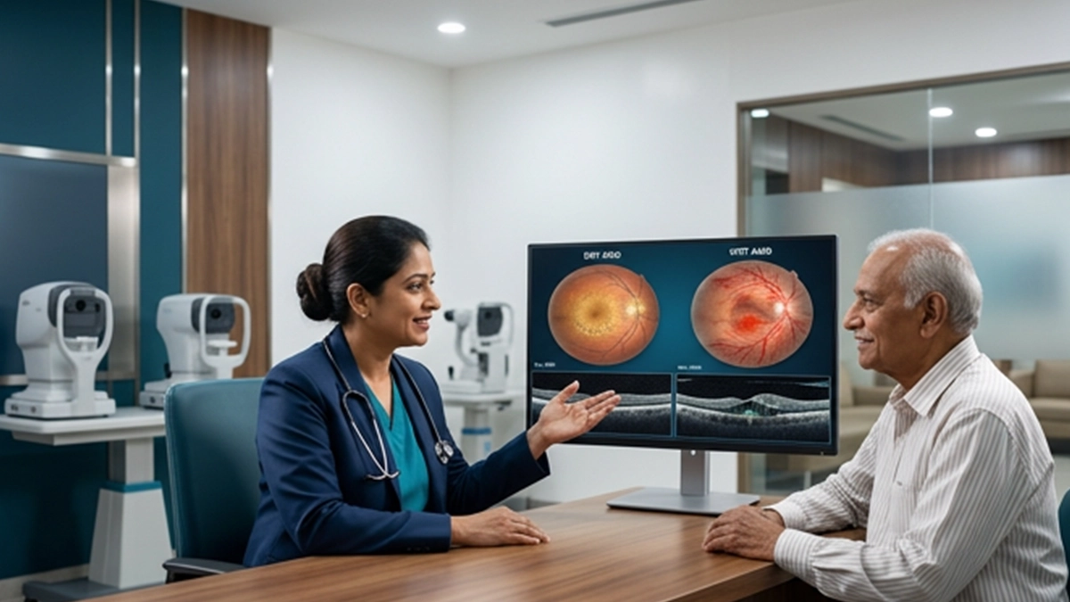 Doctor comparing two retinal scans of an older patient to explain macular degeneration