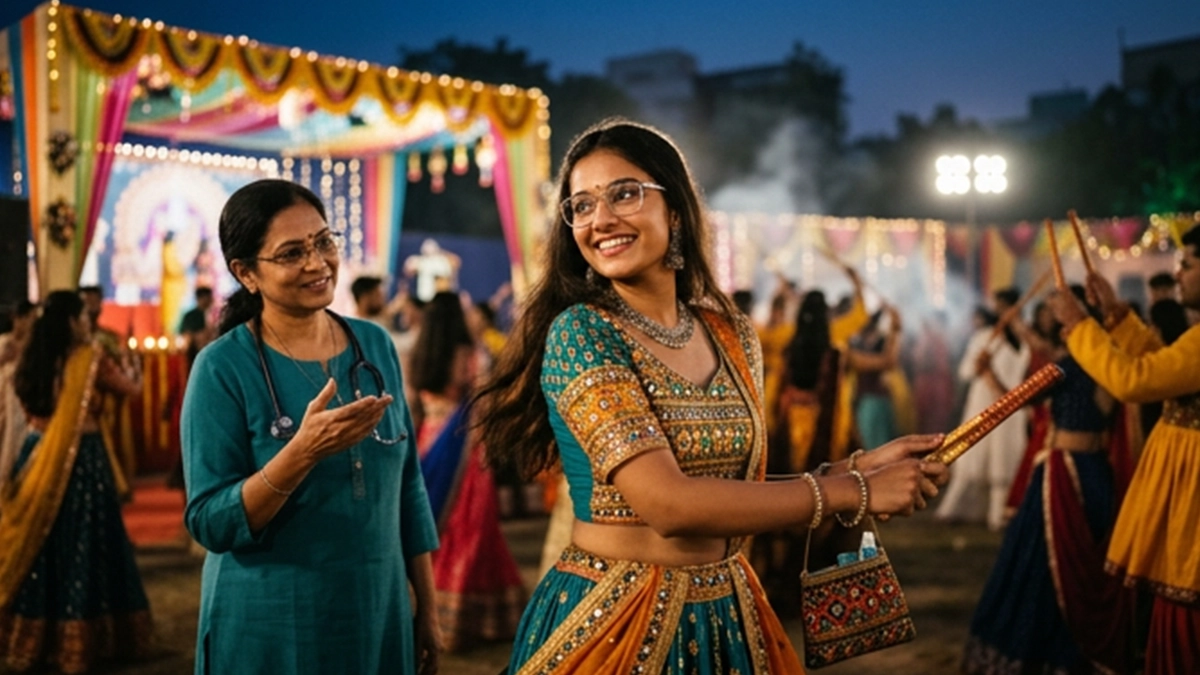 People enjoying Garba during Navratri while following eye care tips to protect against dust, smoke, bright lights, and eye makeup.