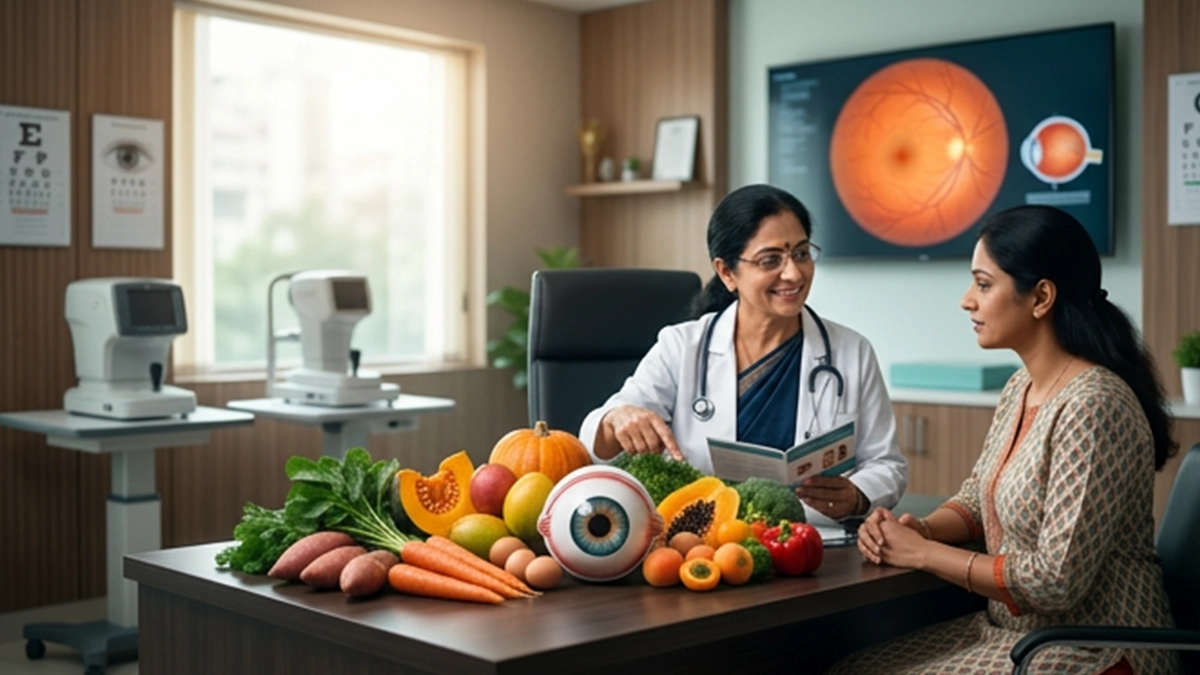 Vitamin A-rich foods for eye health, including carrots, sweet potatoes, spinach, pumpkin, eggs, and other nutrient-rich foods.